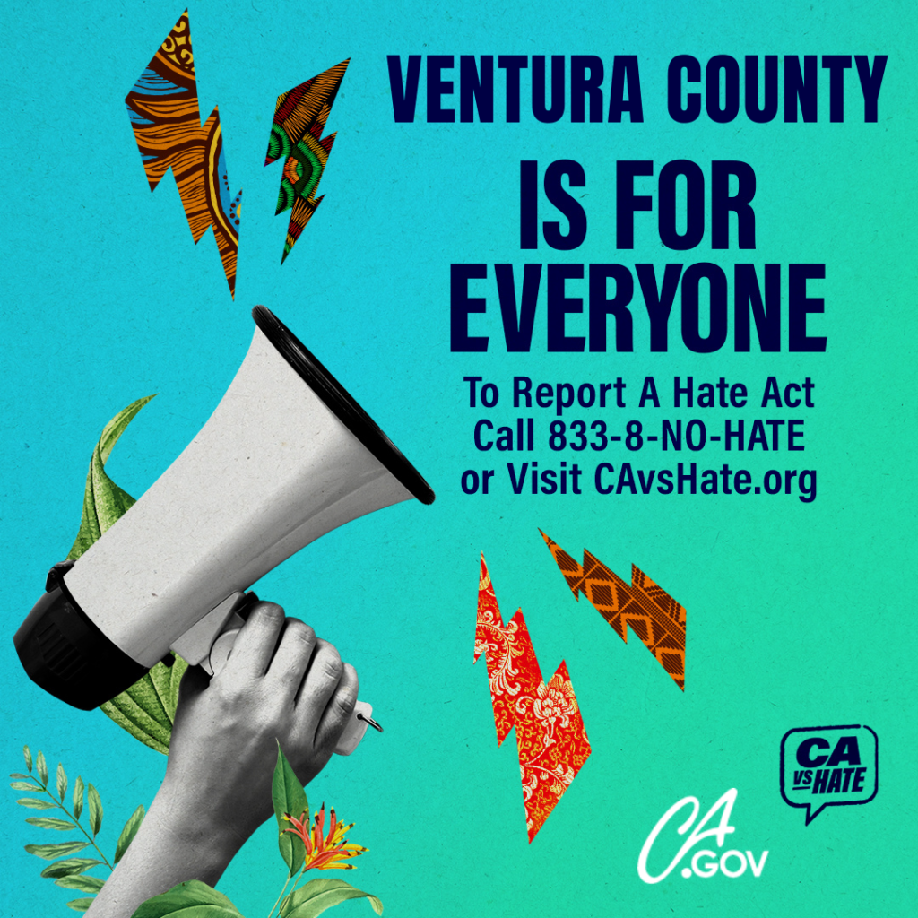 A hand holding a microphone with text saying Ventura County is for everyone