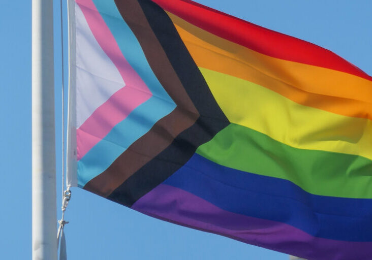 The Pride Progress Flag flies on a flagpole outside a hotel on O’Riordan Street, Mascot near Sydney Kingsford-Smith Airport. This image was taken on a sunny afternoon on 30 March 2024.