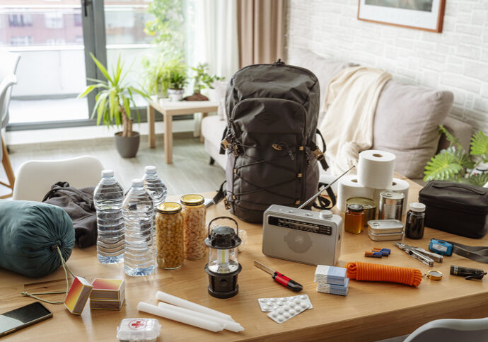 Emergency equipment to face crisis and disasters. Water, food, first aid kit, tools and another items needed to survive.  High resolution 42Mp studio digital capture taken with SONY A7rII and Zeiss Batis 40mm F2.0 CF lens